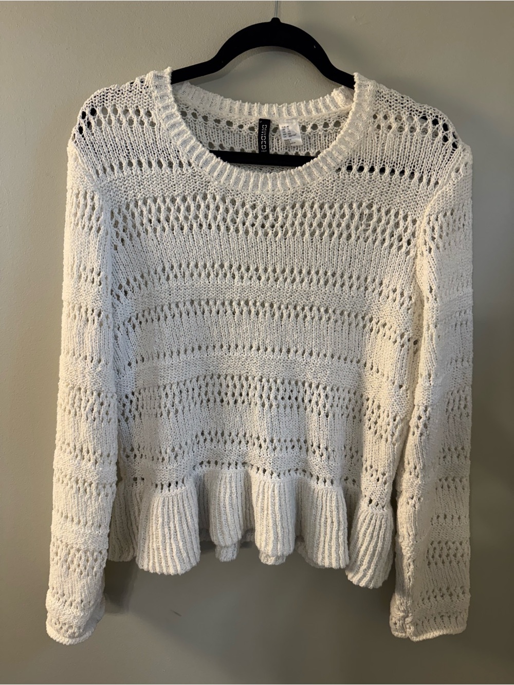 H&M DIVIDED Women's Open Knit Peplum Sweater XL Cream BOHO Cottagecore